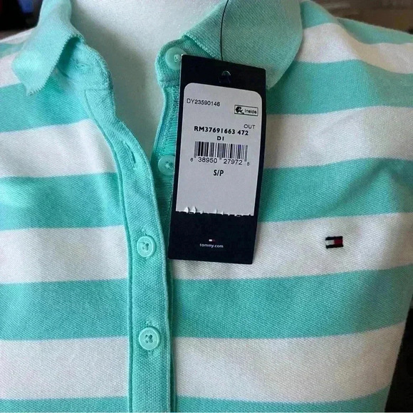 Tommy Hilfiger Aqua Stripe Polo Shirt Too Small Petite NWT - Picture 3 of 6